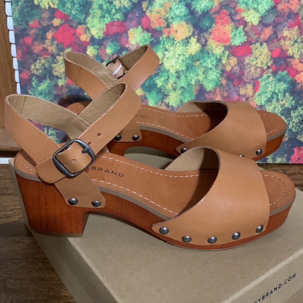 LUCKY BRAND HOLLIE LEATHER WOODEN CLOG MULE 7 NATURAL NWB